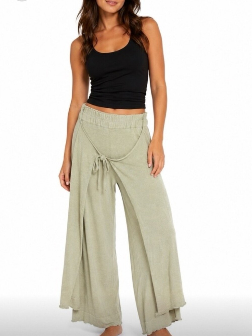free people fp beach wrap overlay wide leg pants tan raw hem palazzo xs